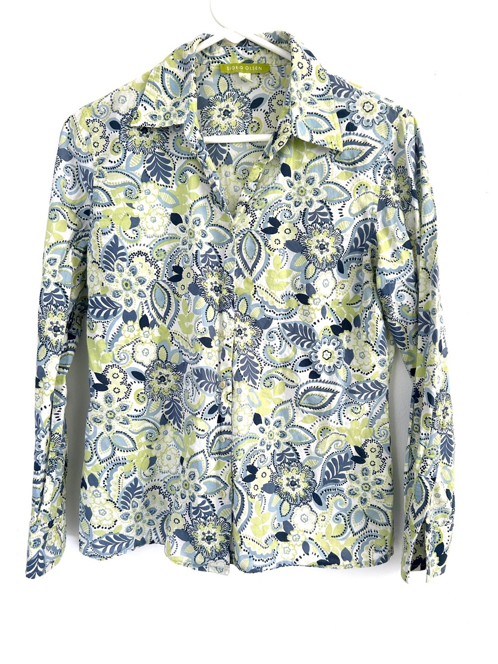 Sigrid Olsen Women’s 100% Linen Multicolor Button-Up Shirt Long Sleeve Green